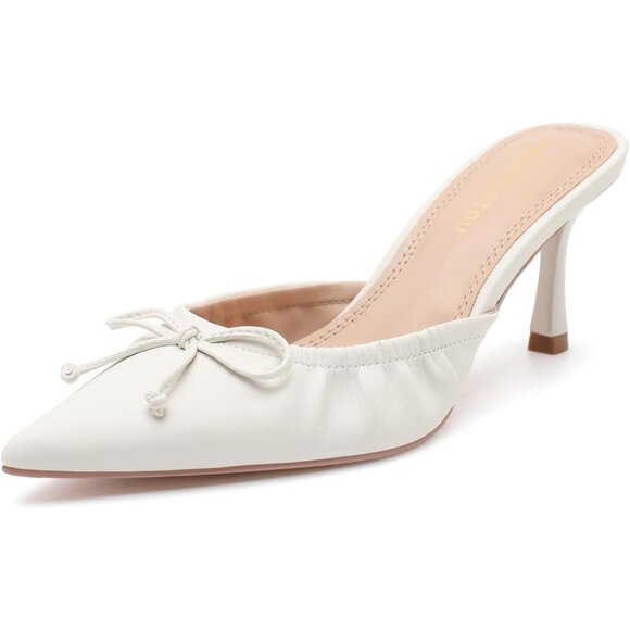 Shoes - Women's White Dressy Pointed Toe Bow Heeled Sandals Mules Sexy Kitten Heels